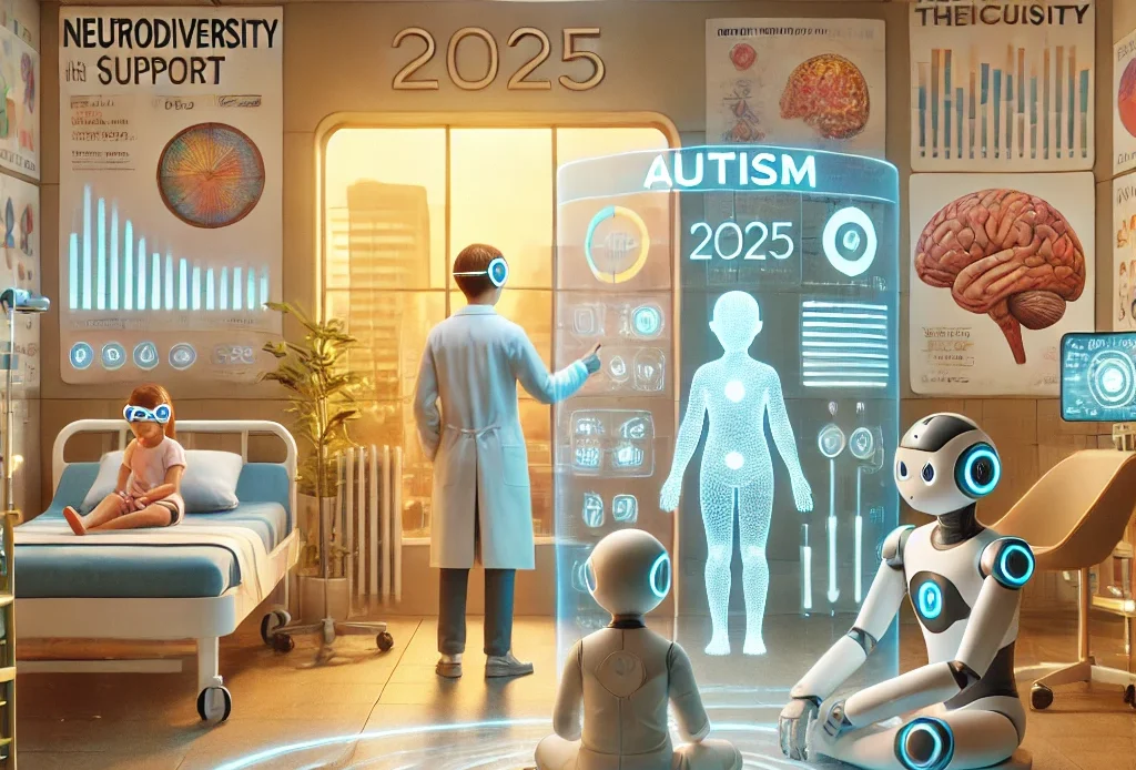DALL·E 2025-06-02 13.47.31 - A futuristic medical scene showing new autism therapy methods in 2025. The setting is a modern, high-tech clinic with advanced equipment like brain-co