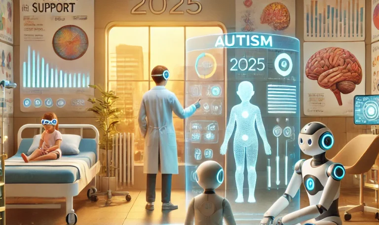 DALL·E 2025-06-02 13.47.31 - A futuristic medical scene showing new autism therapy methods in 2025. The setting is a modern, high-tech clinic with advanced equipment like brain-co