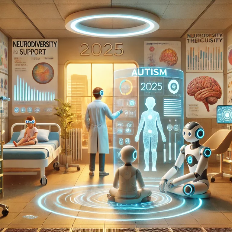 DALL·E 2025-06-02 13.47.31 - A futuristic medical scene showing new autism therapy methods in 2025. The setting is a modern, high-tech clinic with advanced equipment like brain-co